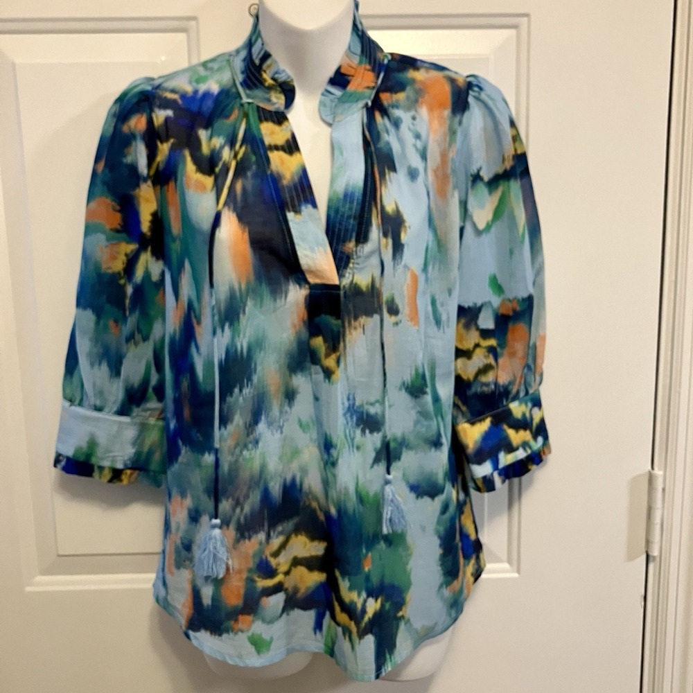 Suncoo Paris Blouse Size T0 - Small Artsy Print Aqua Blue Tassels Boho Women's